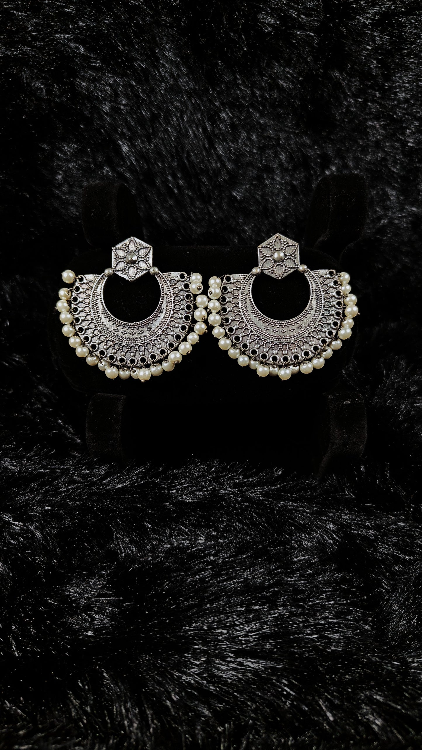 Vintage Oxidised Crescent Chandbali Earrings with Pearl Drops