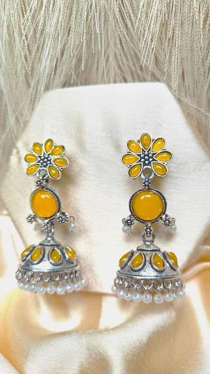Sunshine Blossom Oxidised Yellow Jhumka Earrings