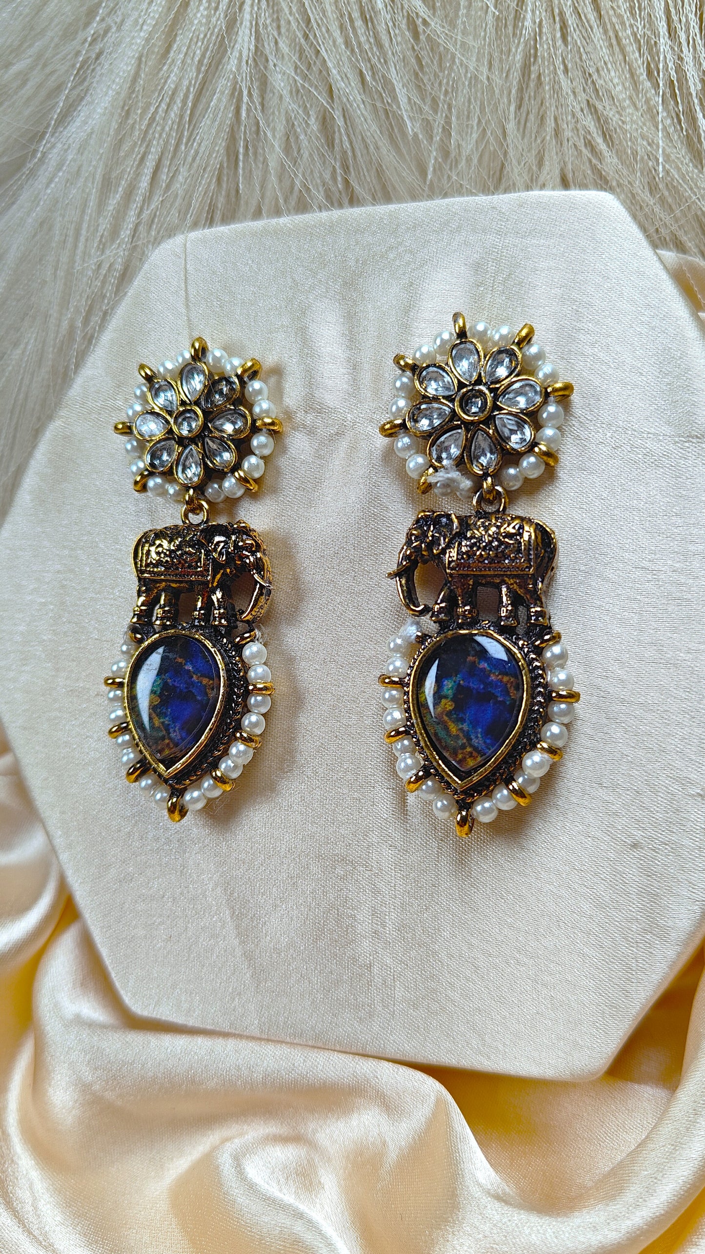 Blue stone kundan pearl antique chandbali earrings
