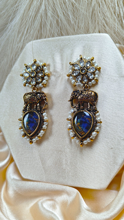 Blue stone kundan pearl antique chandbali earrings