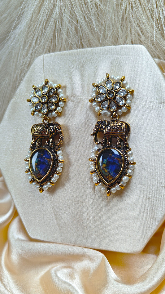Blue stone kundan pearl antique chandbali earrings