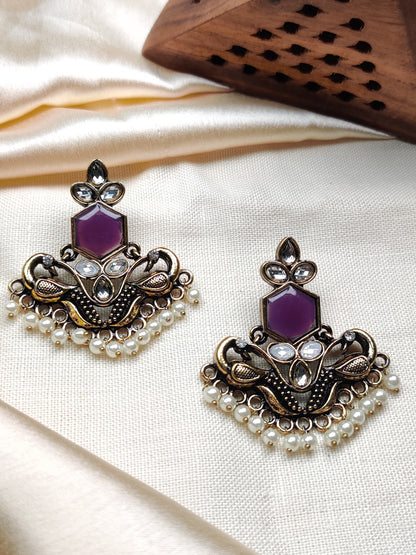 Golden peacock earrings with purple stone & pearl drops