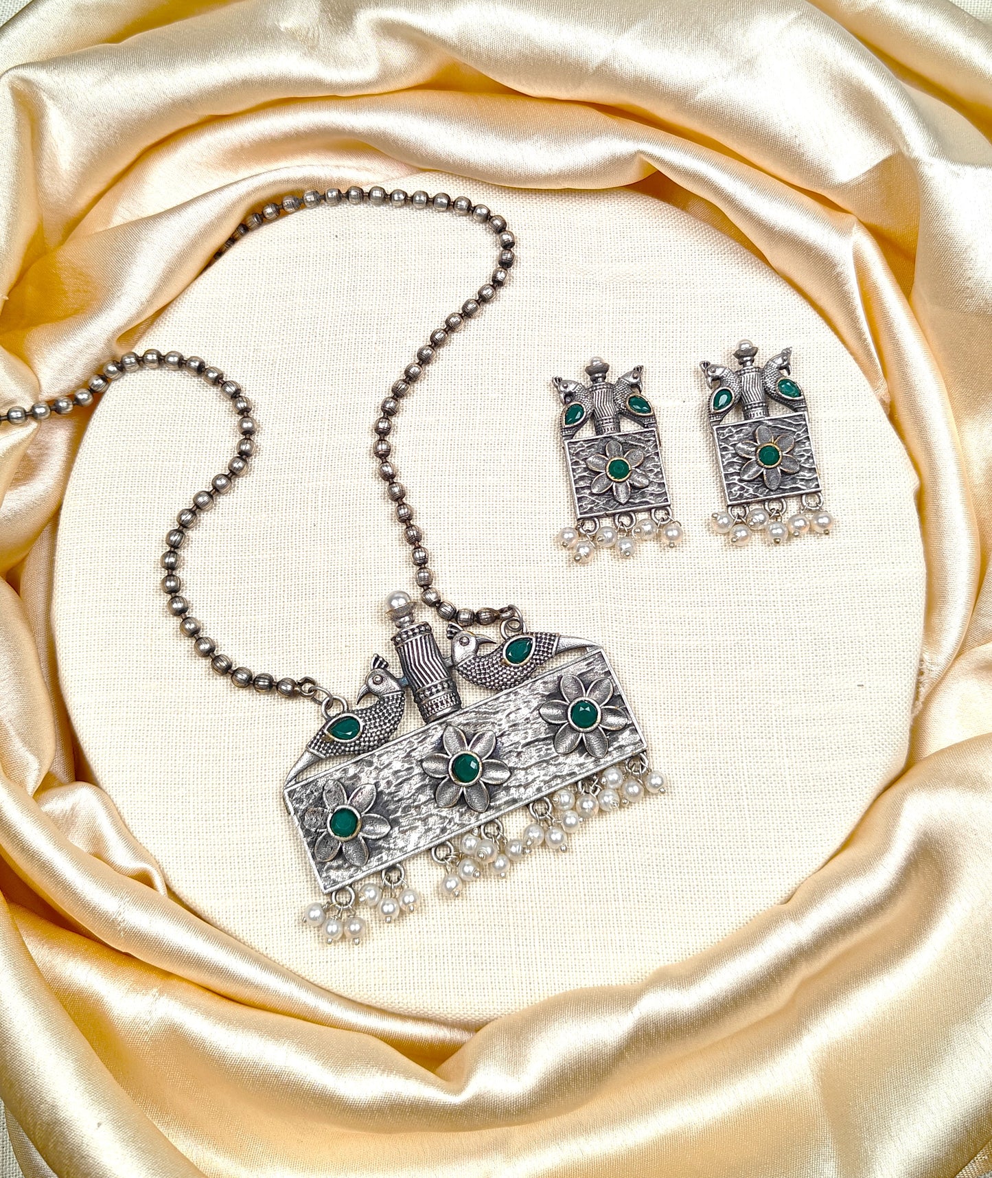 silver peacock green necklace set with earrings