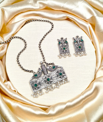 silver peacock green necklace set with earrings