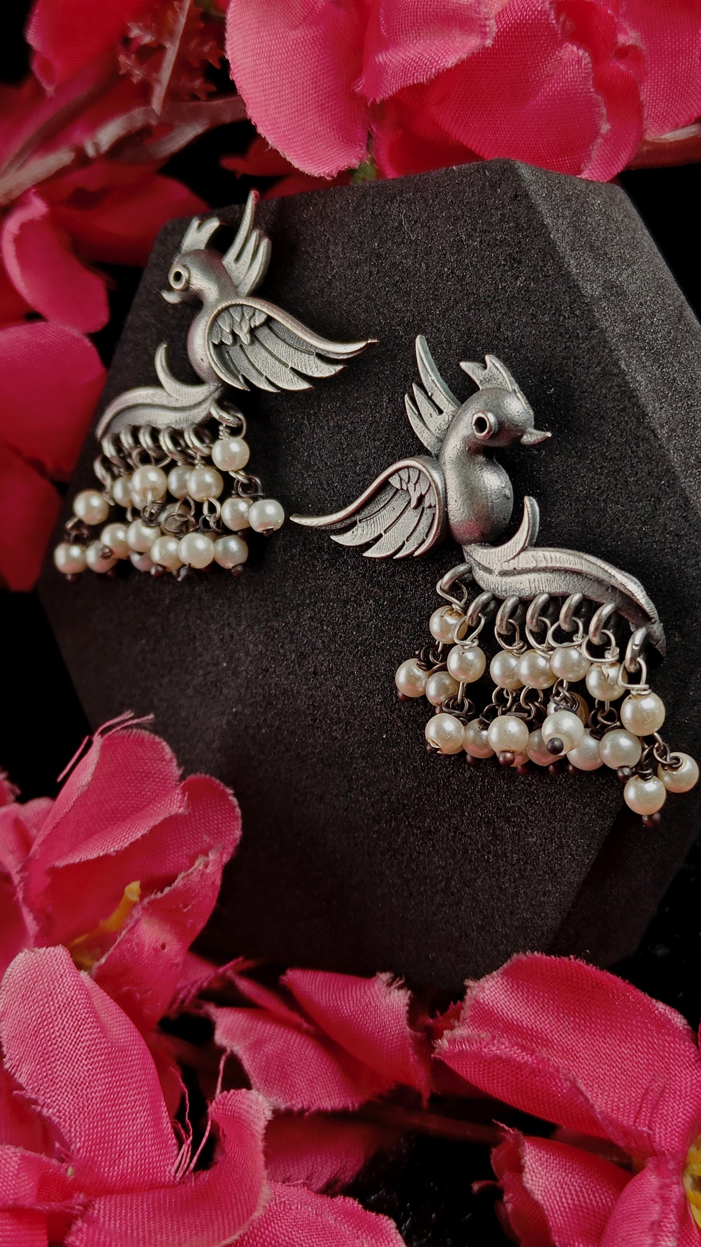 Silver Twin Bird Jhumka With Pearl Danglers