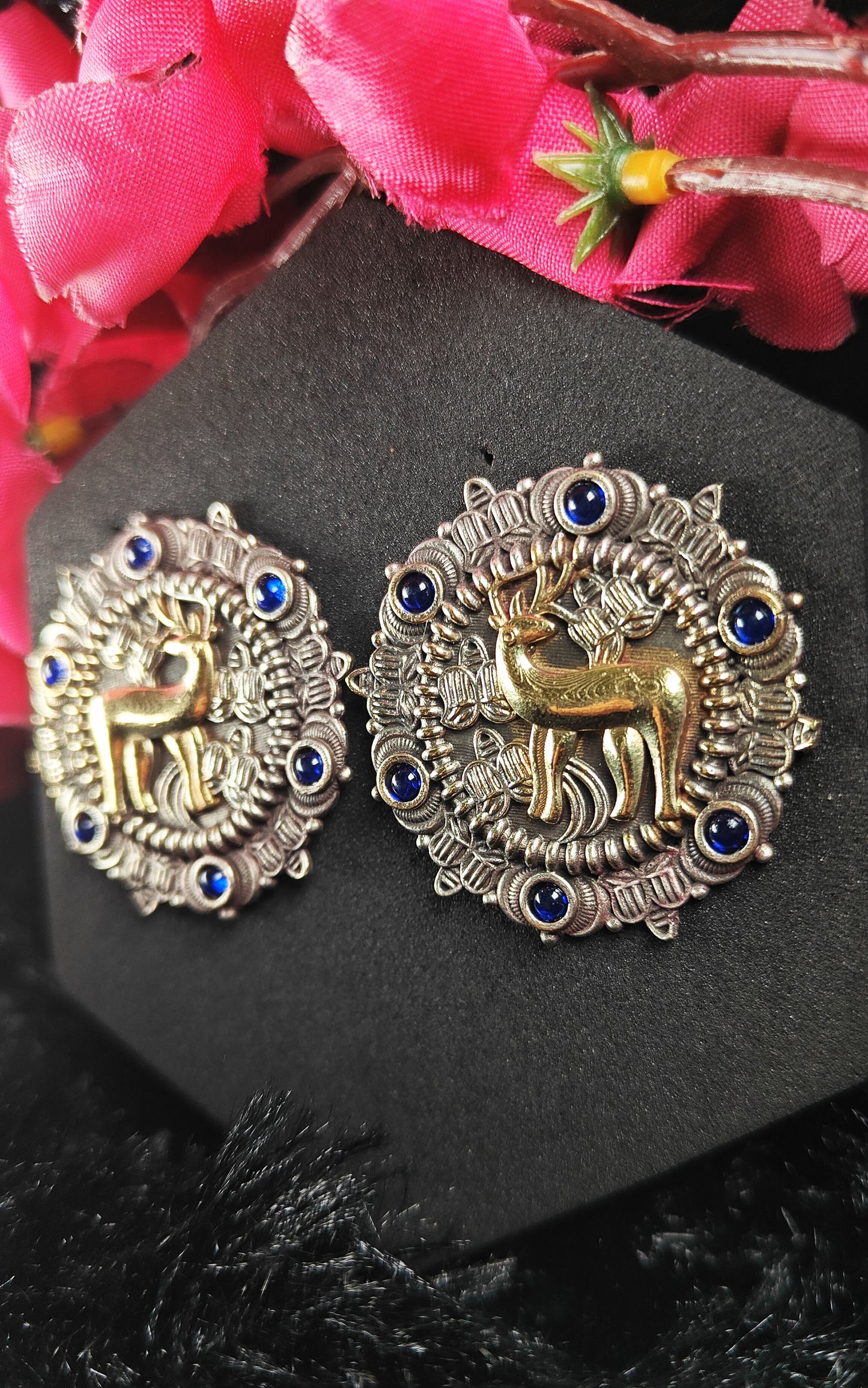Royal Blue Stag Oxidised Round Studs