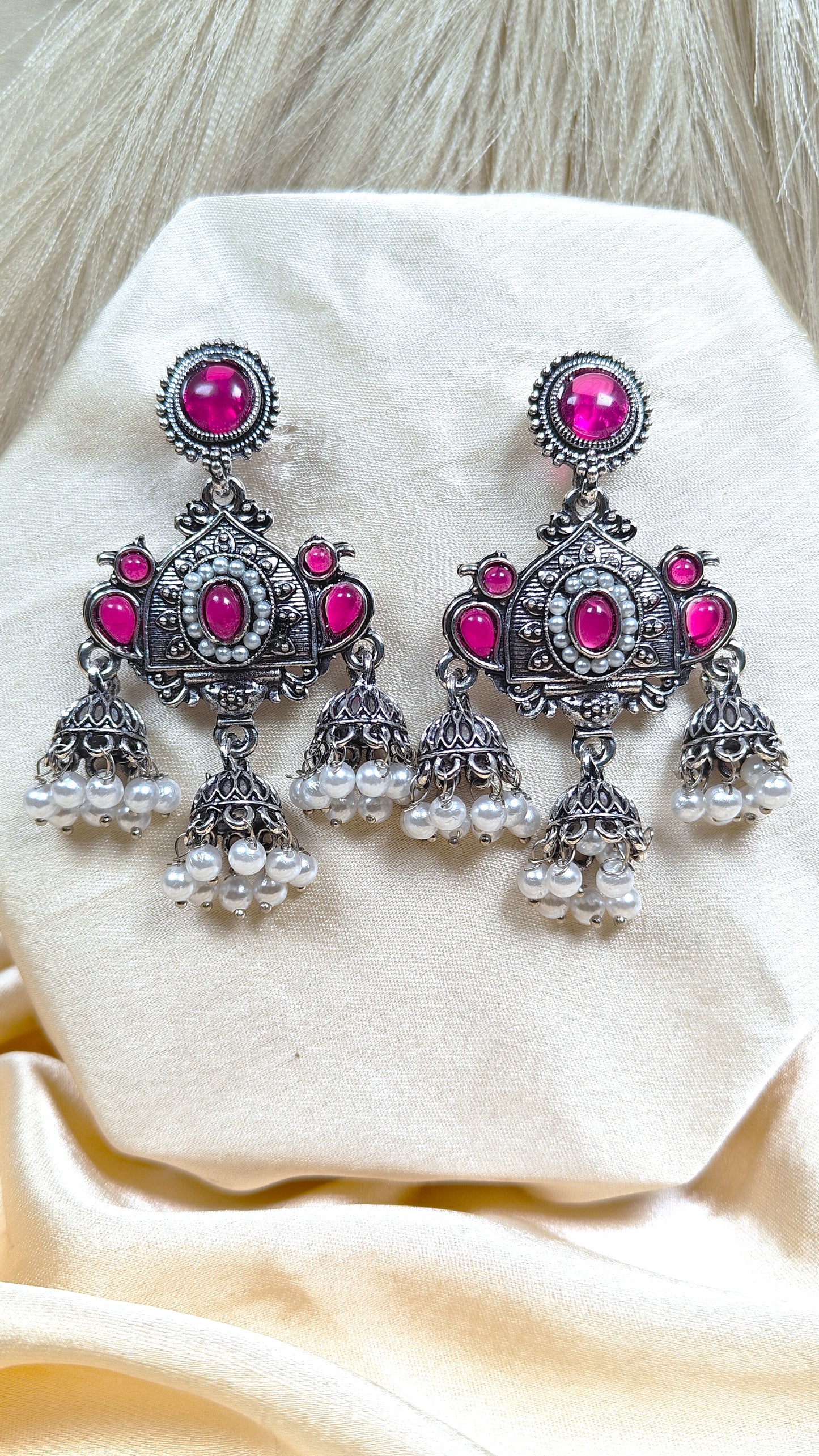 Pink rani oxidised jhumka earrings