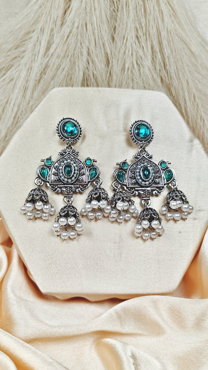 Emerald ocean blue oxidised jhumka earrings