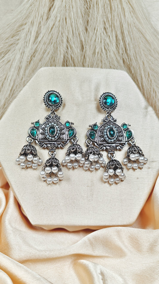 Emerald ocean blue oxidised jhumka earrings