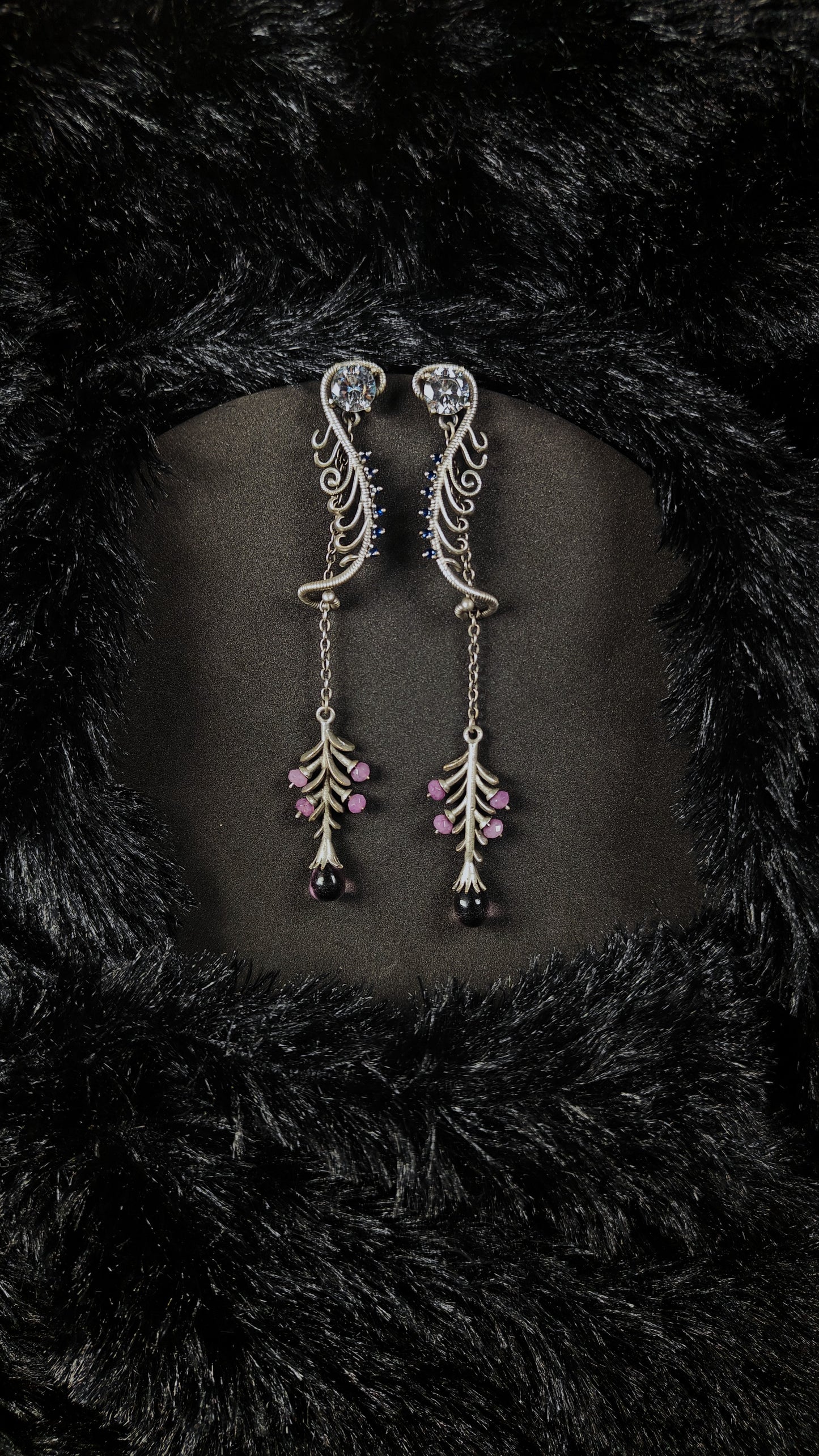 Blue blossom vine earrings - silver long drop floral earrings