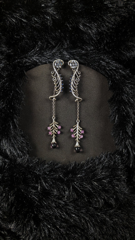 Blue blossom vine earrings - silver long drop floral earrings