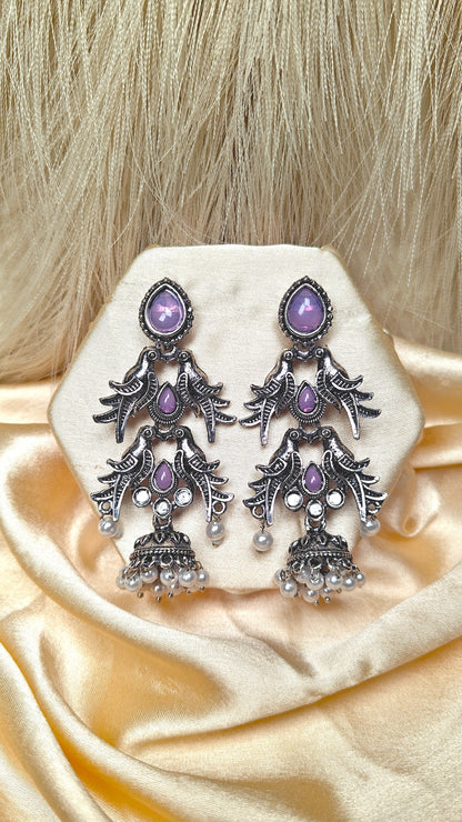 Lavender Sparrow Cascade Oxidised Jhumka Earrings