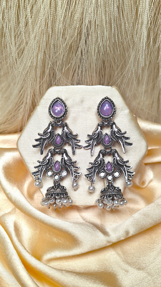 Lavender Sparrow Cascade Oxidised Jhumka Earrings