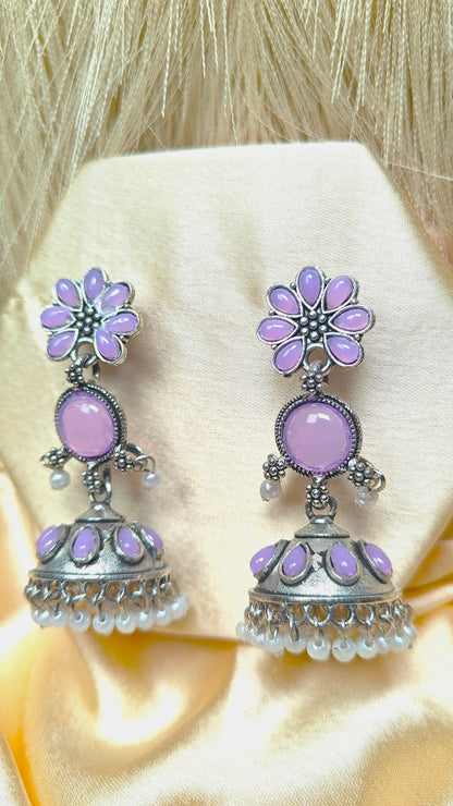 Lavender Blossom Oxidised Jhumka Earrings