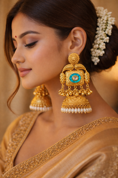 Zeenat-e-Kashmir Green Stone Jhumka Earrings