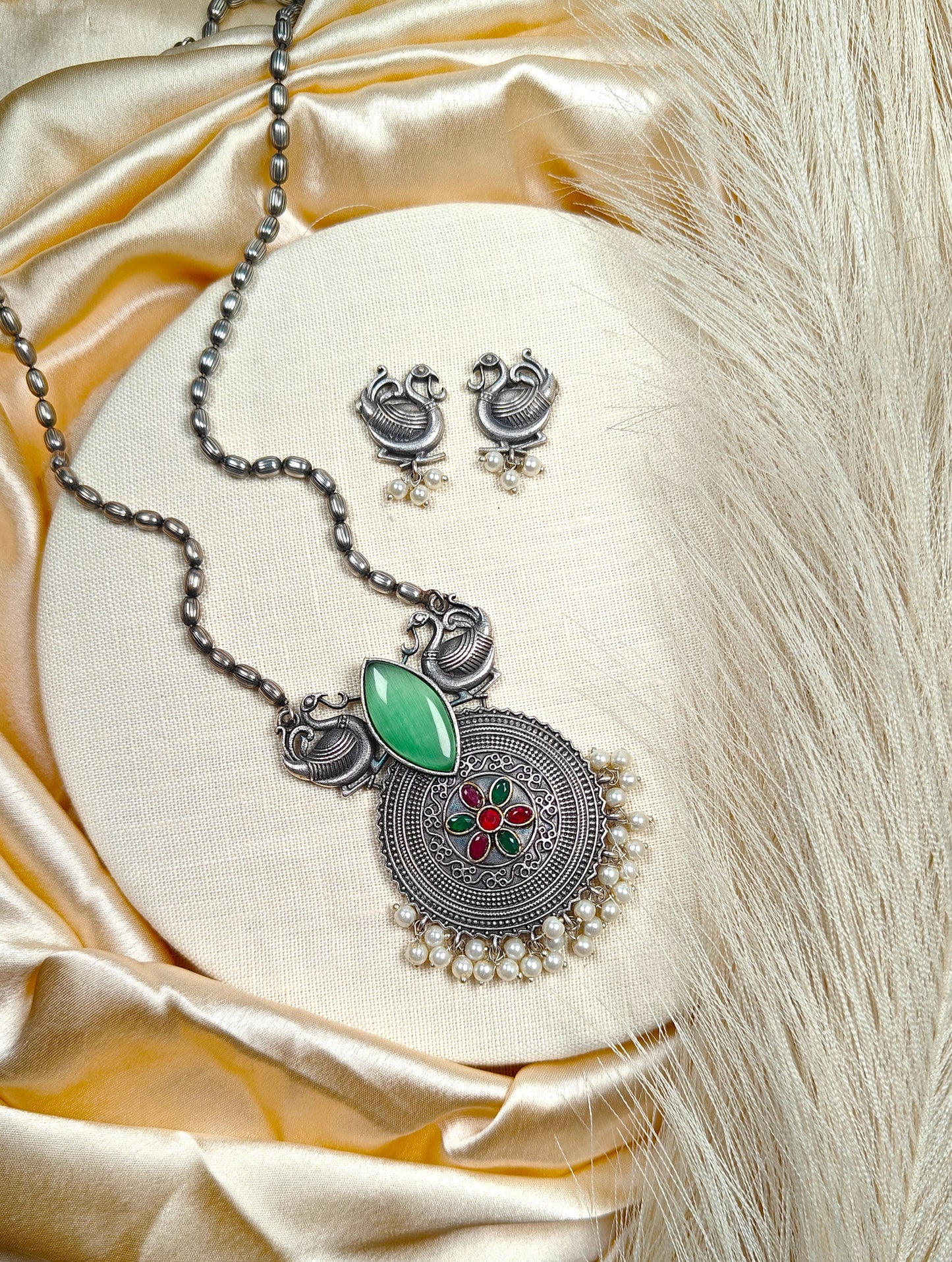 Silver Peacock Necklace Set With Green Stone & Pearl Drops