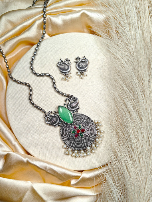 Silver Peacock Necklace Set With Green Stone & Pearl Drops