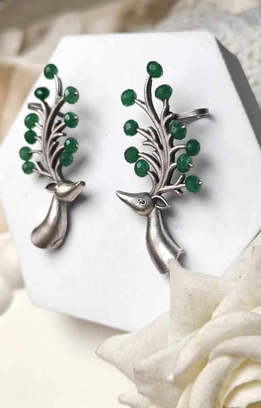 Silver Peacock Earrings With Green Bead Detailings