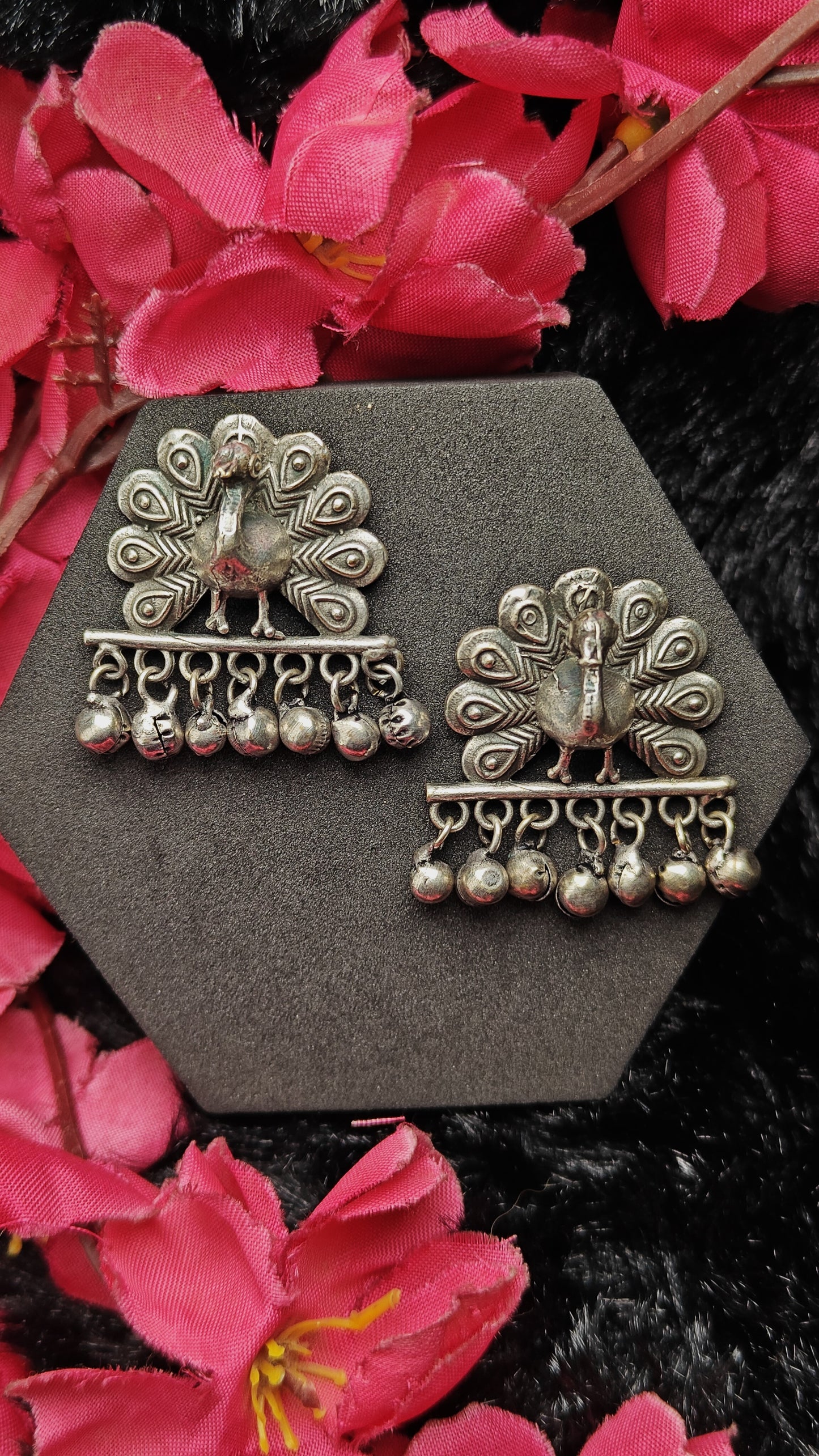 Oxidized silver peacock statement earrings