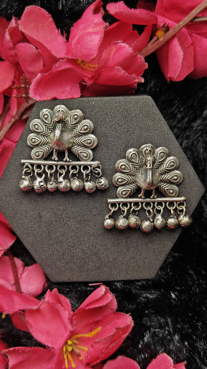 Oxidized silver peacock statement earrings