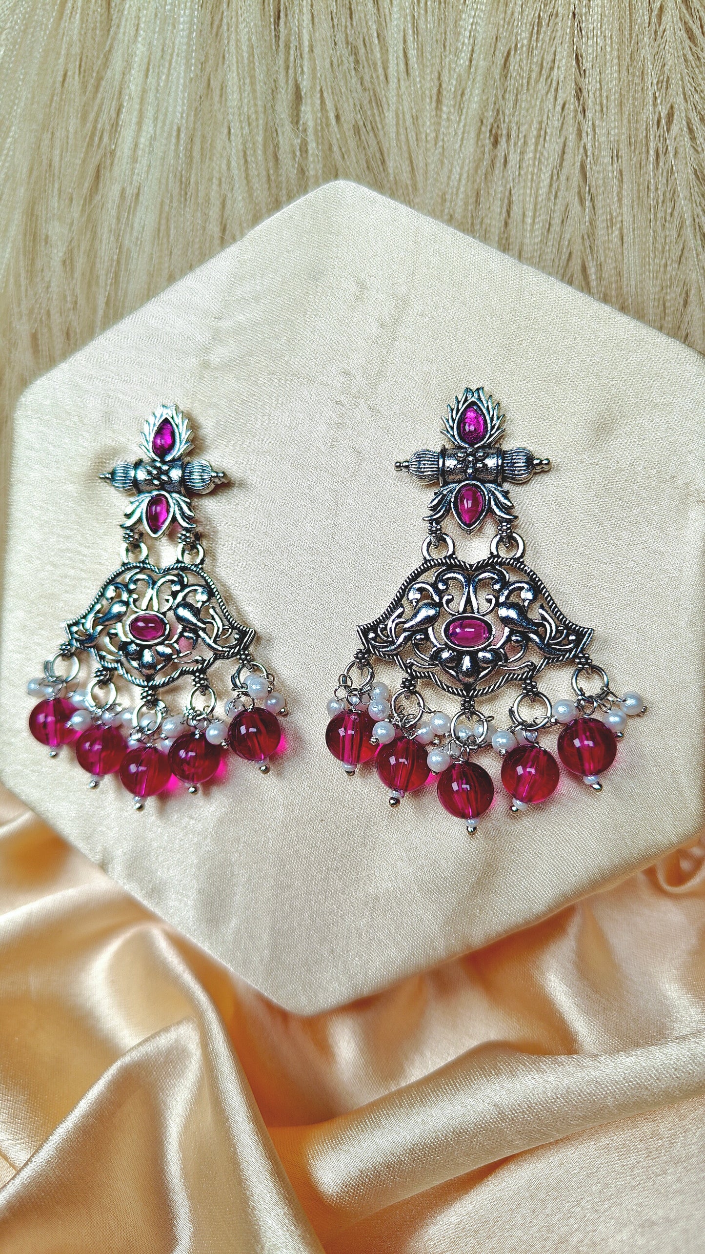 Royal Magenta Oxidised Bird Motif Dangler Earrings