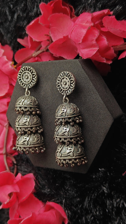 Triple Layer Silver Jhumka Earrings