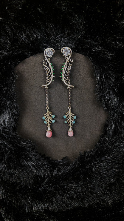 Emerald pink cascade earrings - silver long drop floral earrings