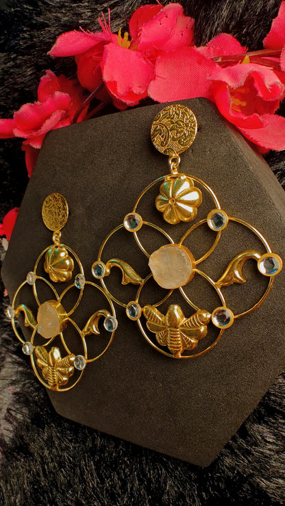 Golden Bloom Bee Quartz Statement Earrings