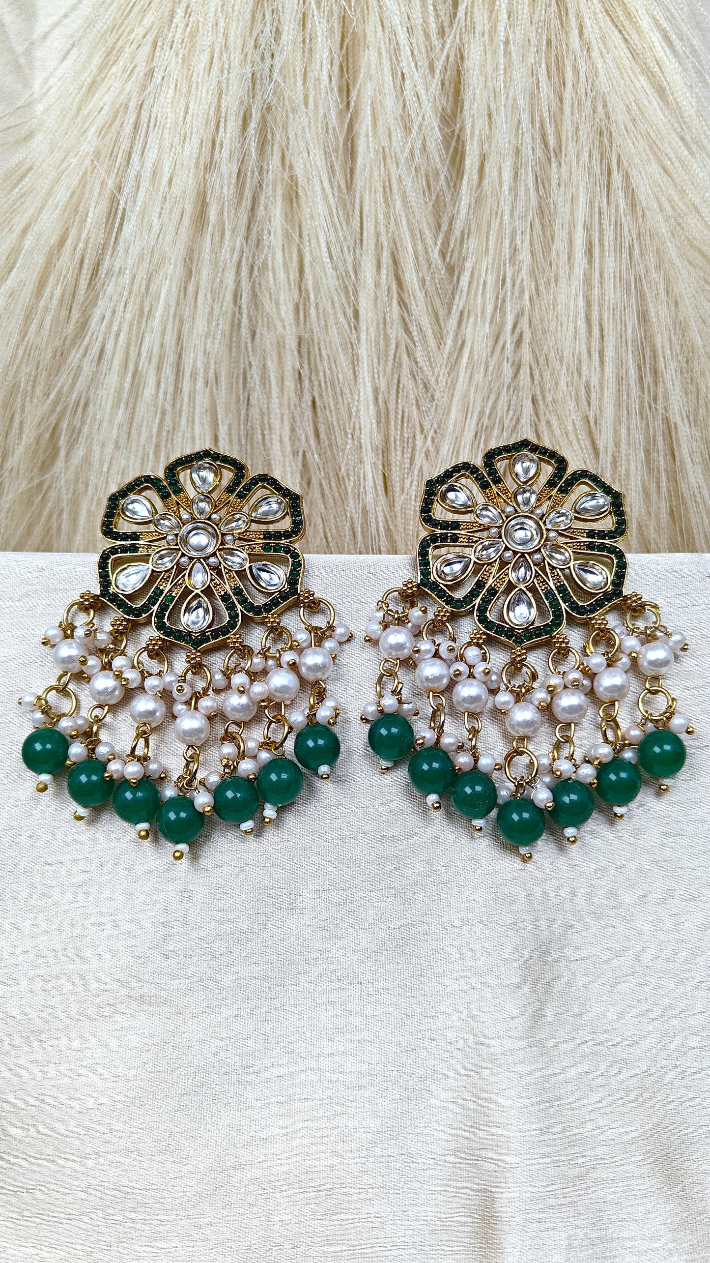 Emerald green kundan floral pearl chandbali earrings