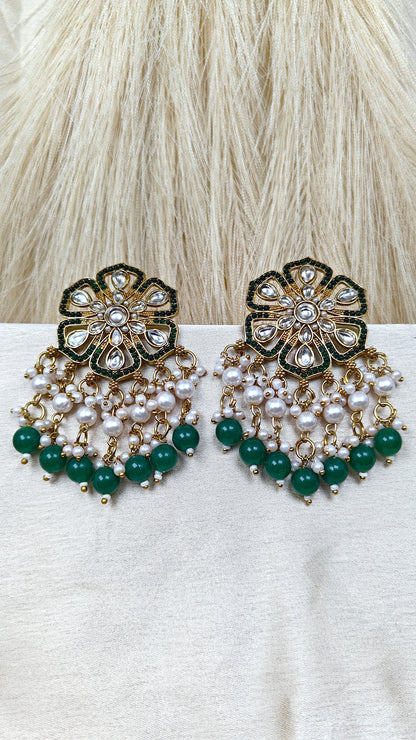 Emerald green kundan floral pearl chandbali earrings