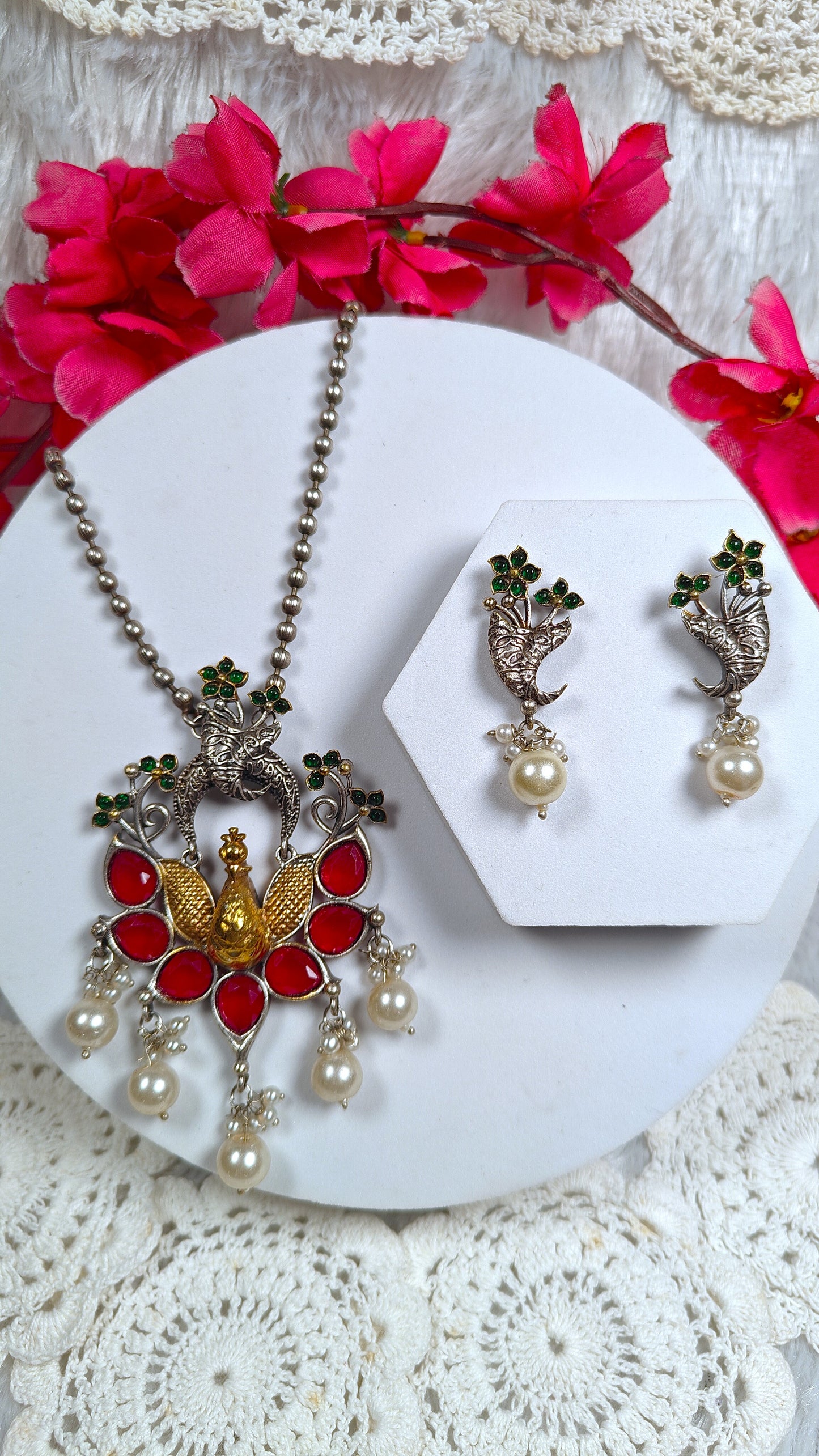 Ruby Royale Peacock Pendant Set