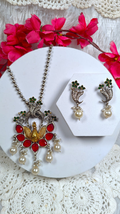 Ruby Royale Peacock Pendant Set