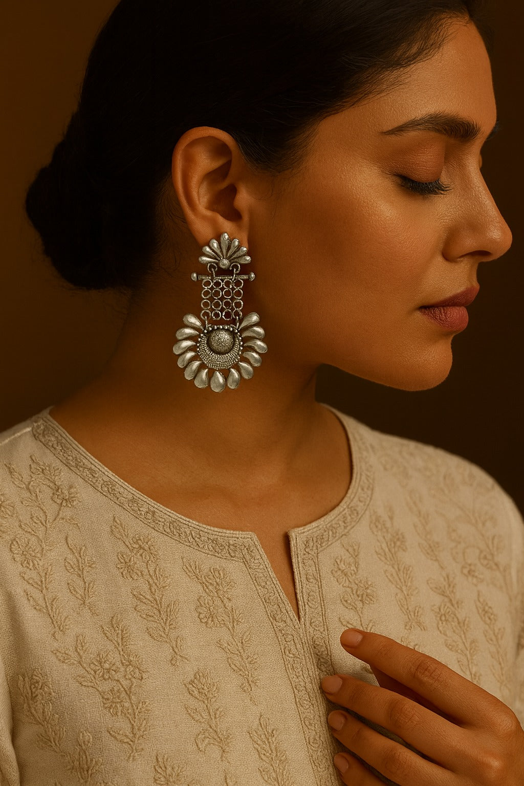 Antique silver floral drop earrings