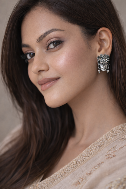 Silver Floral Crown Face Stud Earrings