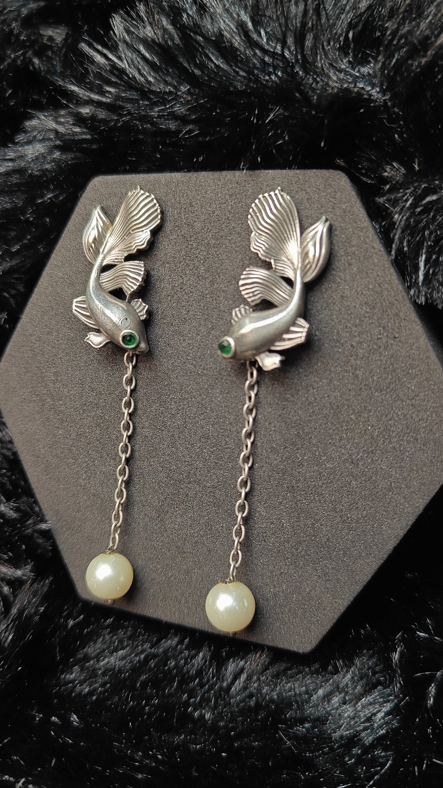 Silver Fish With green, blue and pink Stones Eyes & Pearl Drop