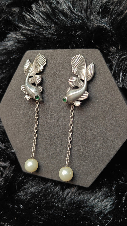 Silver Fish With green, blue and pink Stones Eyes & Pearl Drop