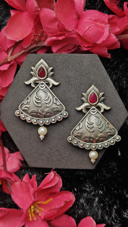 Meher Lotus Shield Oxidised Earrings with Pearl Drop