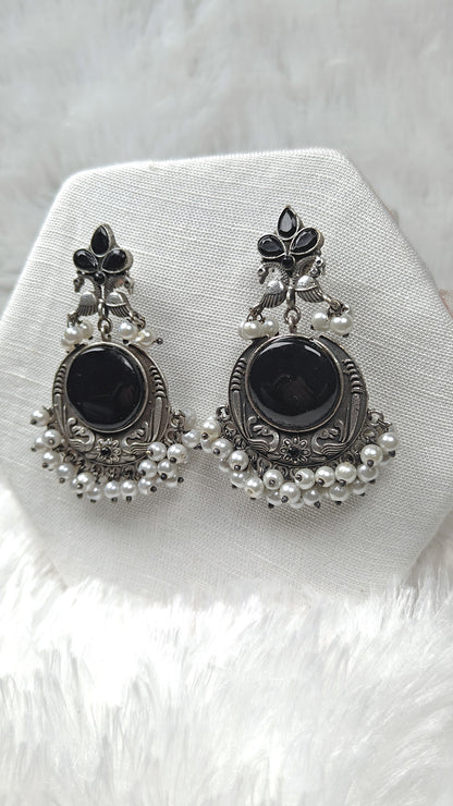 Oxidized Silver Black Stone Chandbali Earrings with Pearl Drops