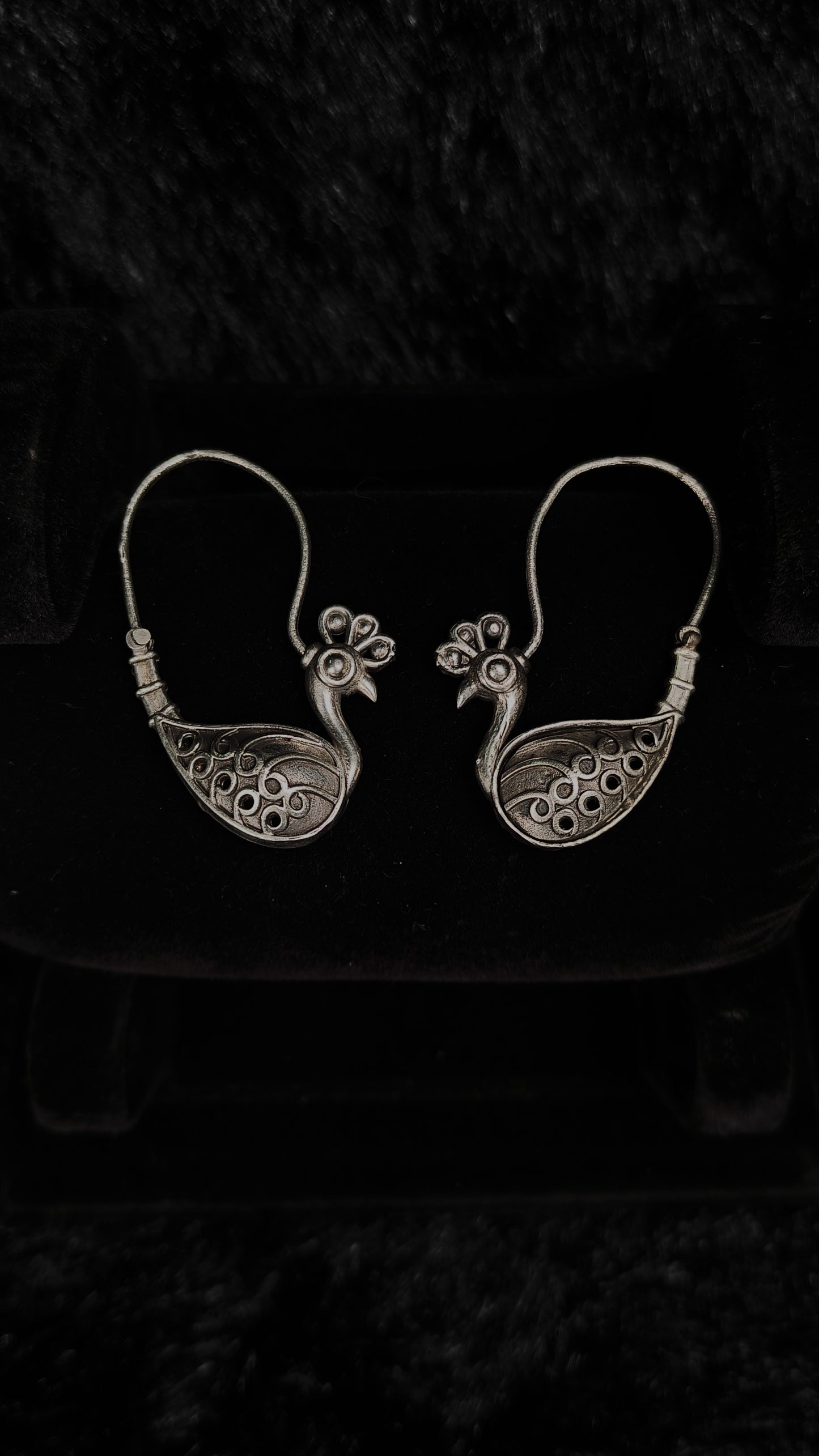 Oxidised silver peacock loop earrings