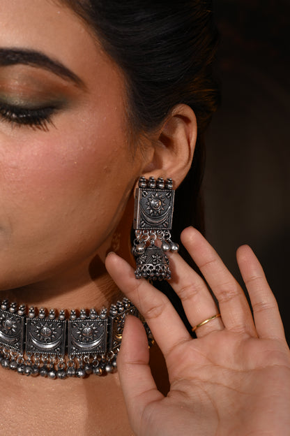 Tribal Sun-Motif Oxidised Mirror Choker Set