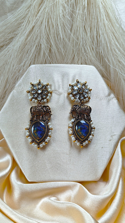 Blue stone kundan pearl antique chandbali earrings