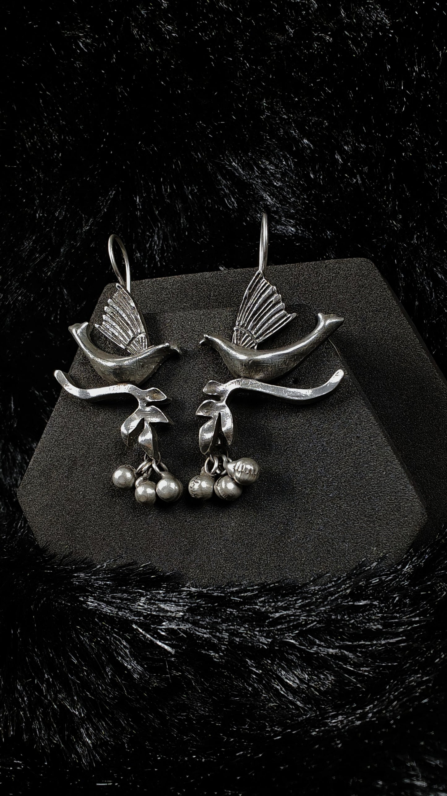 Antique Silver BIird Design Dangle Earrings With Ghungroo