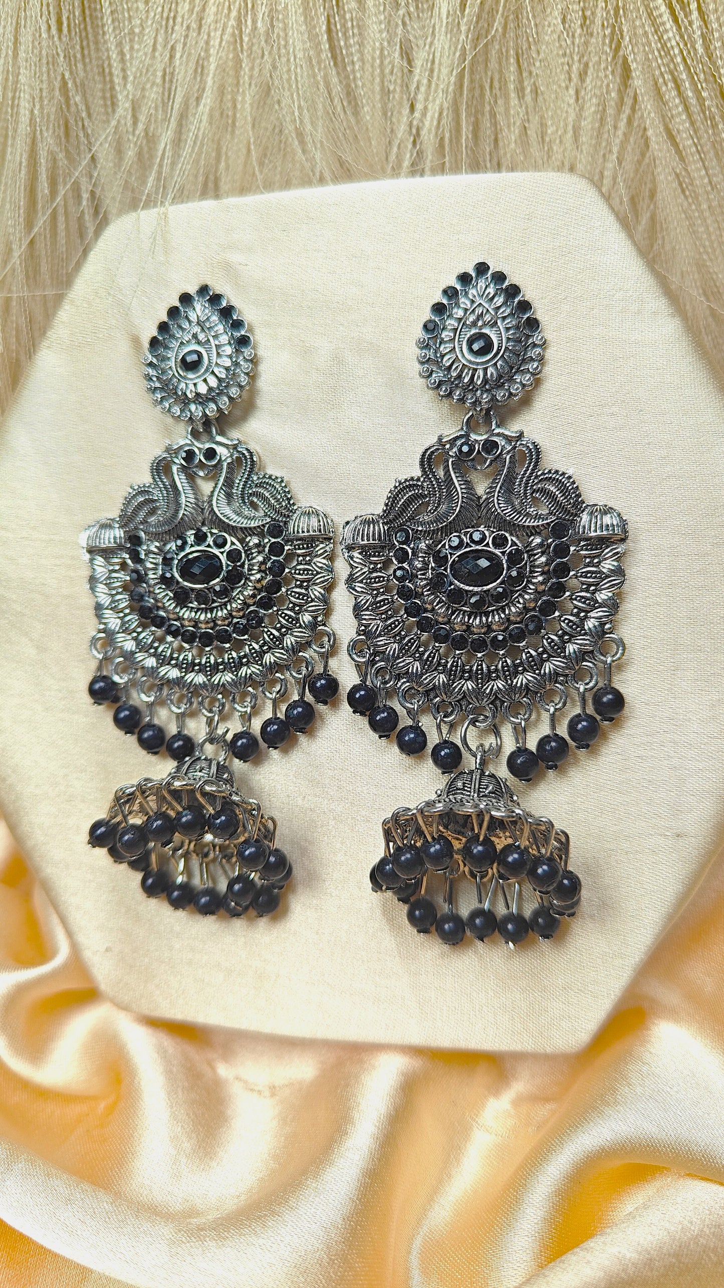 Noir Royale Oxidised Black Stone Chandbali Jhumka Earrings