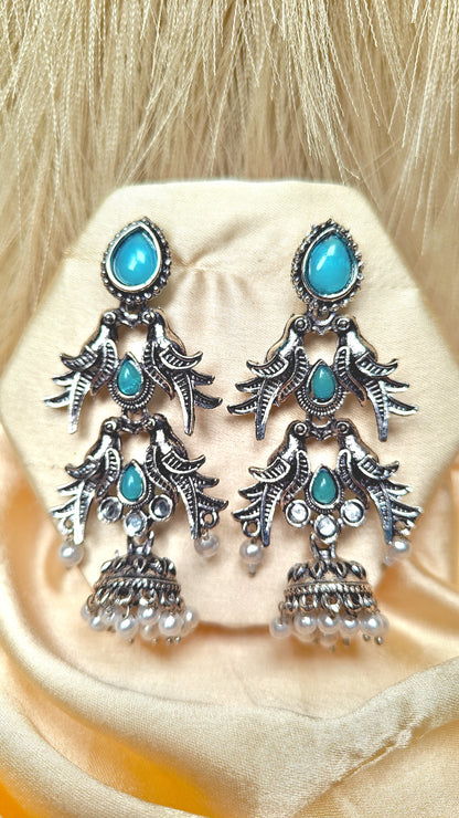Blue Sparrow Cascade Oxidised Jhumka Earrings