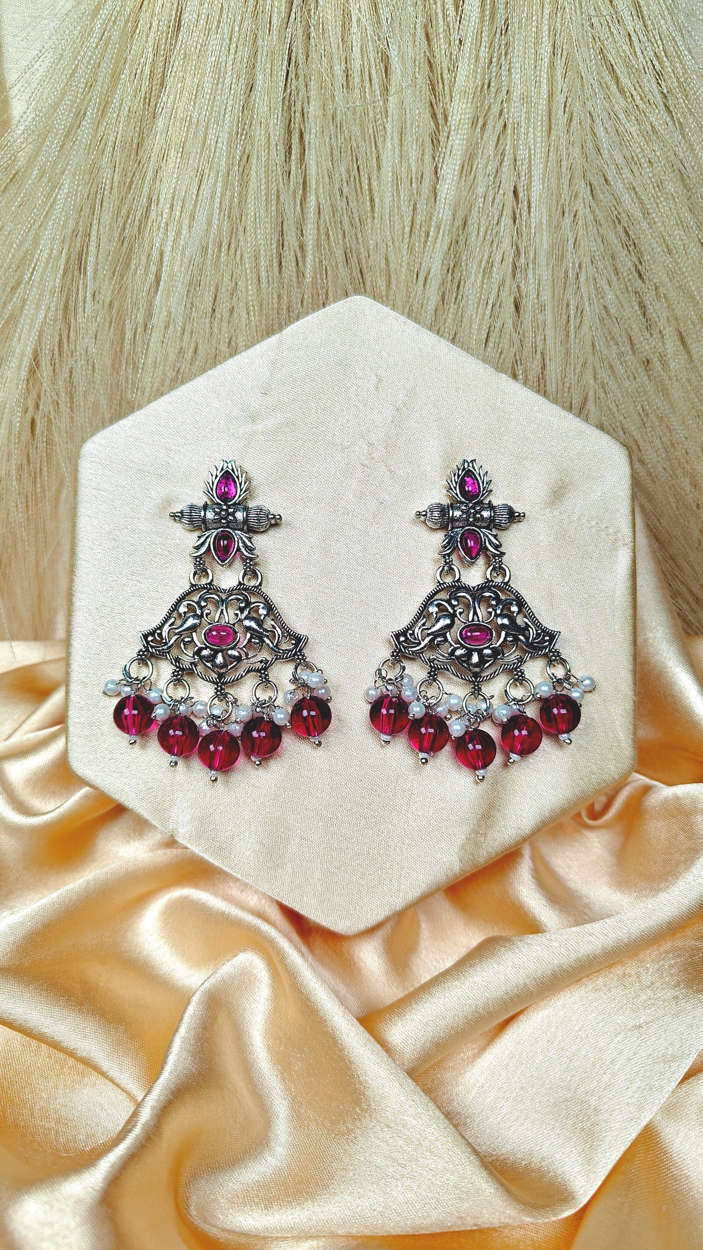 Royal Magenta Oxidised Bird Motif Dangler Earrings