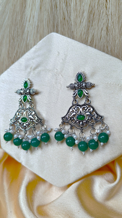Emerald Leaf Oxidised Peacock Dangler Earrings