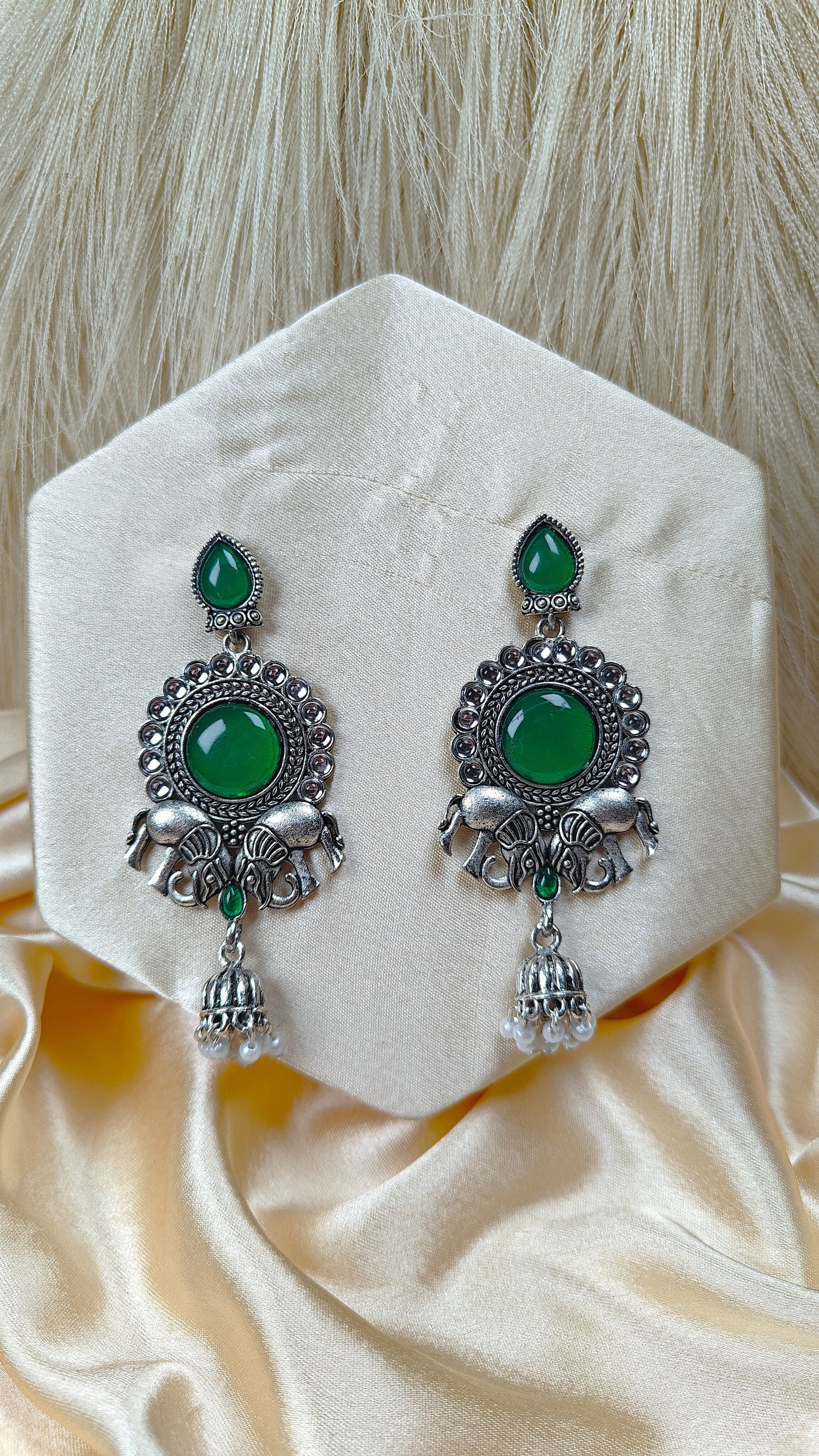 Emerald Elephant Heritage Oxidised Statement Earrings