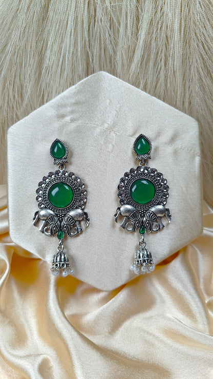 Emerald Elephant Heritage Oxidised Statement Earrings