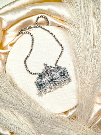 silver peacock green necklace set with earrings