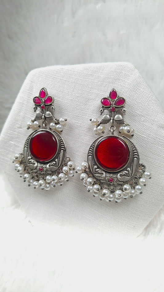 Oxidized Silver Ruby Stone Chandbali Earrings with Pearl Beads